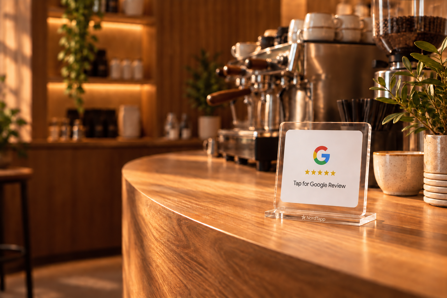 NordTapp akrylstativ med diskret logo gravert i foten, på en kafédisk