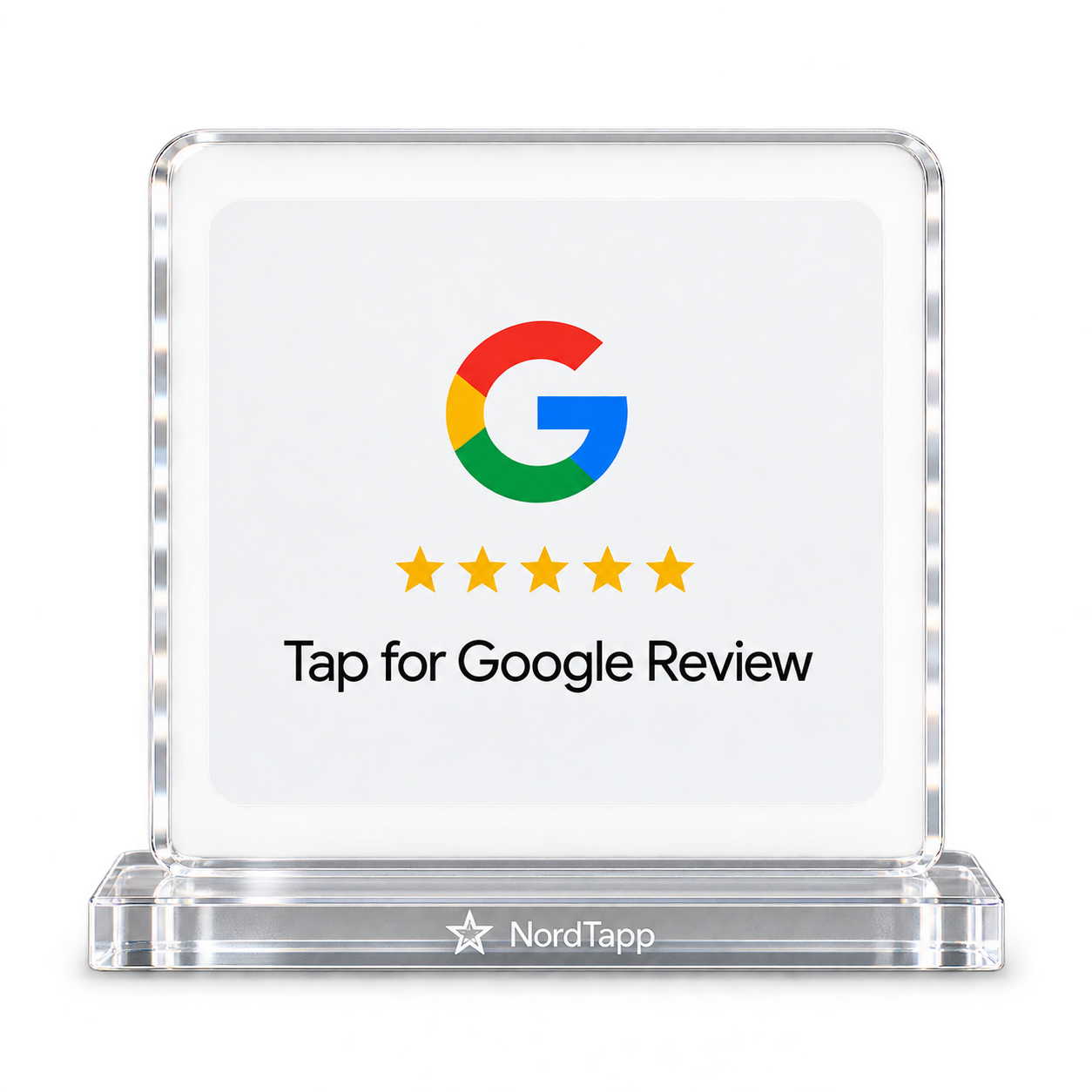NordTapp akrylstativ med Google-logo og fem gullstjerner